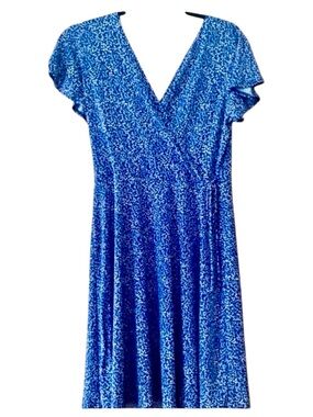 Kaileigh Blue Ditsy Print Faux Wrap Midi Dress Flutter Sleeve Fit Flare M